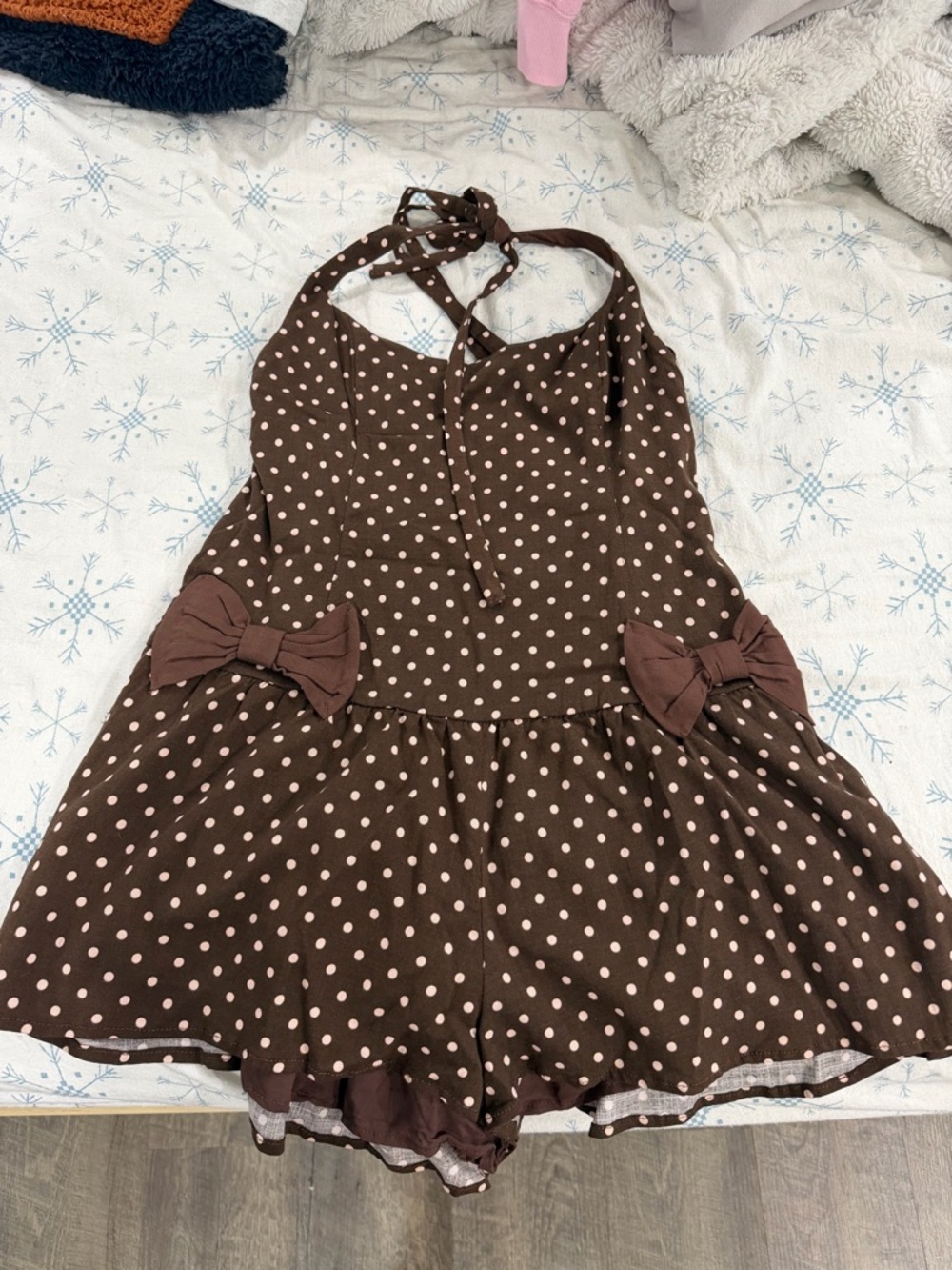 Free People Brown Polka Dot Halter Romper with Bows